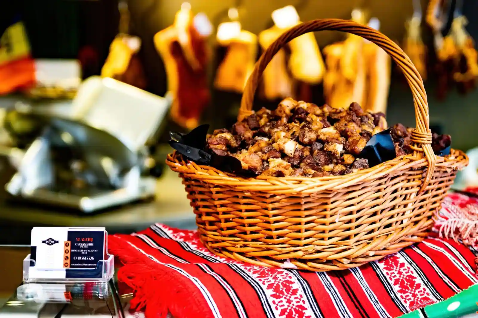 Blog Coș împletit plin cu specialități românești în magazinul Carmangeria Petre